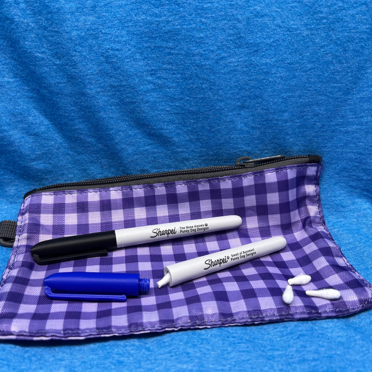 A purple and white gingham fabric pouch with a black zipper, shown on a blue textured background. Two Sharpie marker hides are placed on the pouch, along with three white cotton swabs.  One of the hides is open with a Q-Tip partially out. 