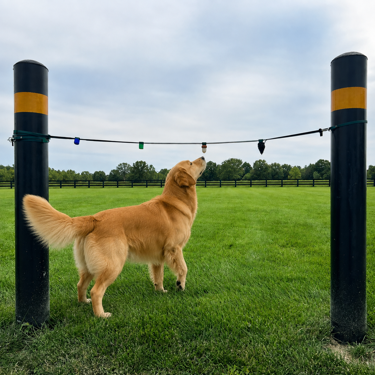 A golden retreiver demonstrating use of the "Sniff Line" dog training aid.  The line is hung outside between two black and yellow posts set in a large grassy lawn.  Several scent work vessels hang on the line.