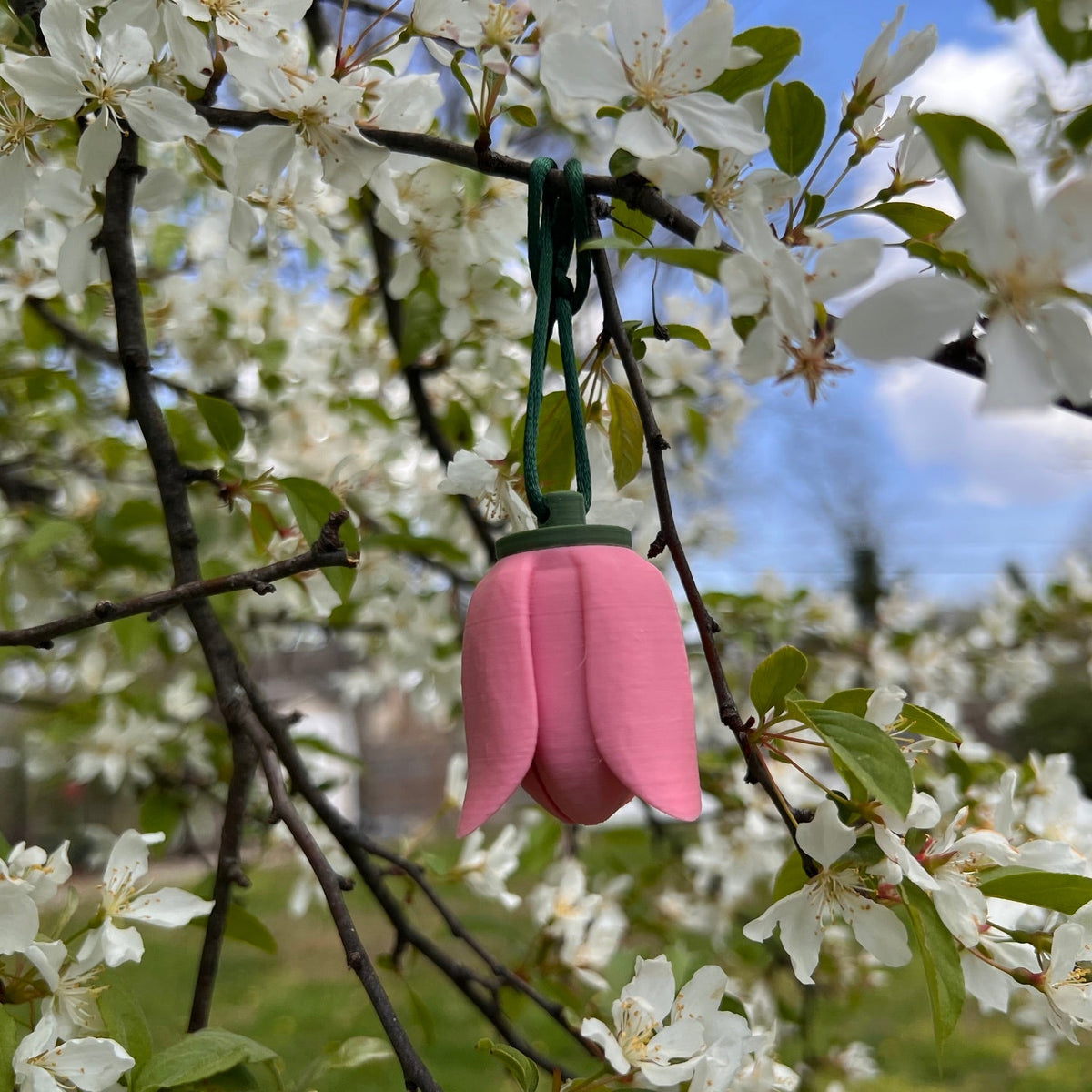 A pink tulip scent work hide, suspended from a tree branch with white blossoms and green leaves in an outdoor garden setting.