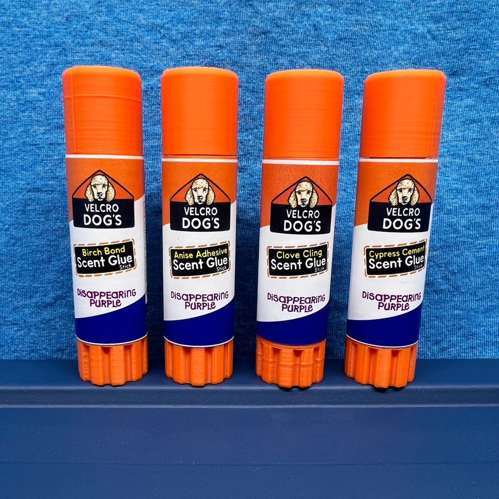 Overview of Velcro Dog's Super Cured Scent Glue Hides.  This photo shows all 4 variants:  Birch Bond, Anise Adhesive, Clove Cling, and Cypress Cement.
